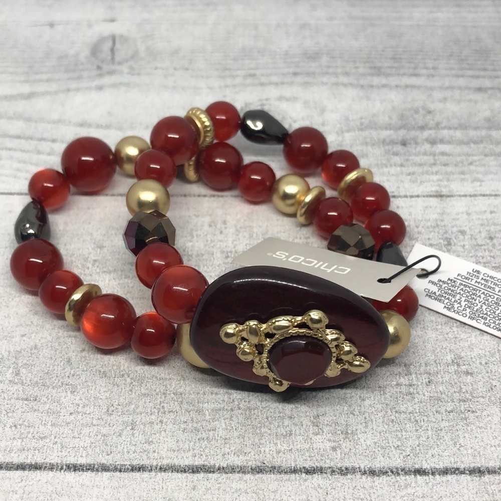 Chico's regal faux ruby beaded costume dressy stretch statement bracelet NEW.